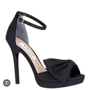 Nina Black Peep-Toe Stiletto Sandals with Bow and Ankle Strap